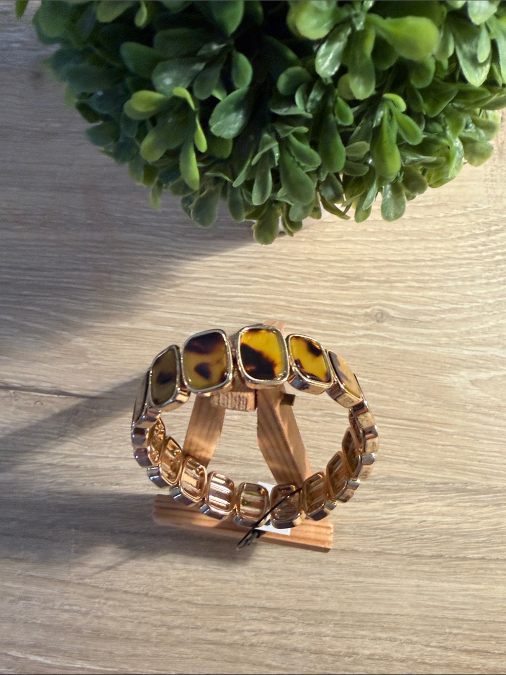 Chico's Gold-Tone Stretch Bracelet with Amber Tortoiseshell Panels